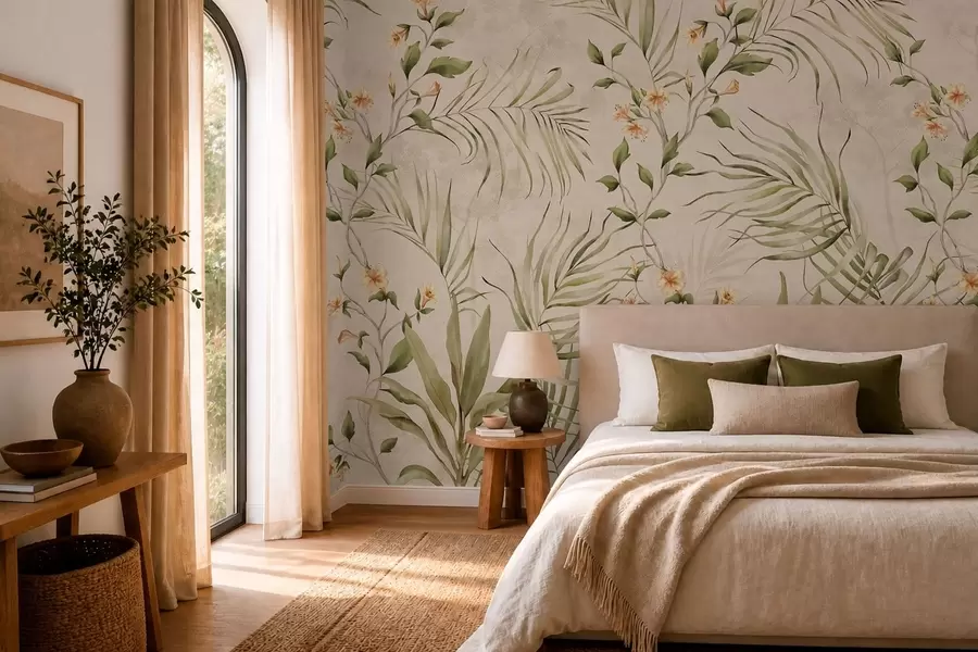 Fototapet Tropiska blad och mjuka blommor på beige bakgrund w05625