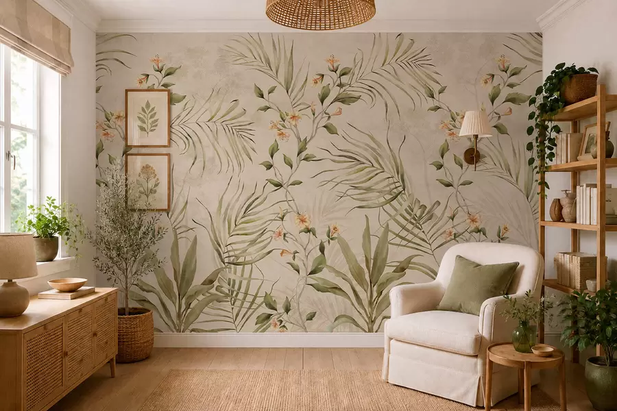Fototapet Tropiska blad och mjuka blommor på beige bakgrund w05625