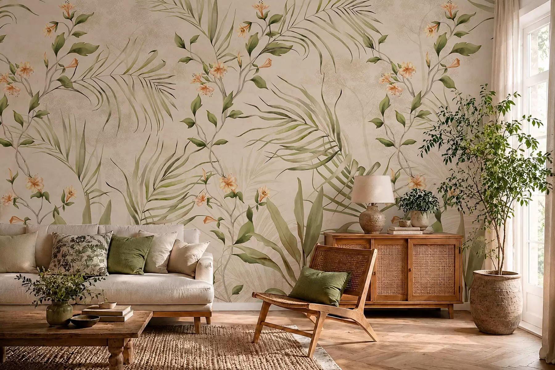 Fototapet Tropiska blad och mjuka blommor på beige bakgrund w05625