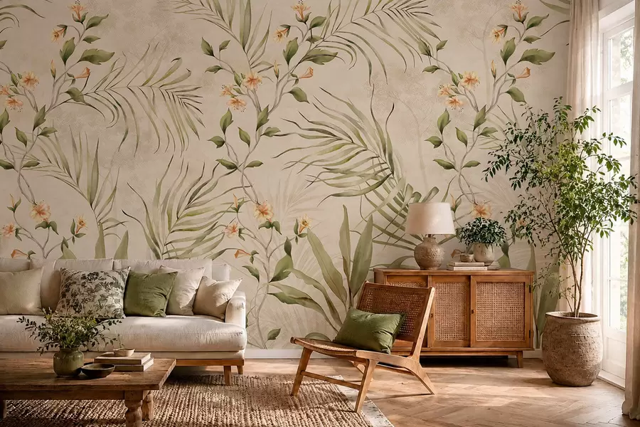 Fototapet Tropiska blad och mjuka blommor på beige bakgrund w05625