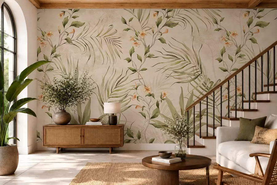 Fototapet Tropiska blad och mjuka blommor på beige bakgrund w05625