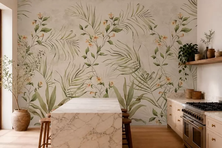 Fototapet Tropiska blad och mjuka blommor på beige bakgrund w05625