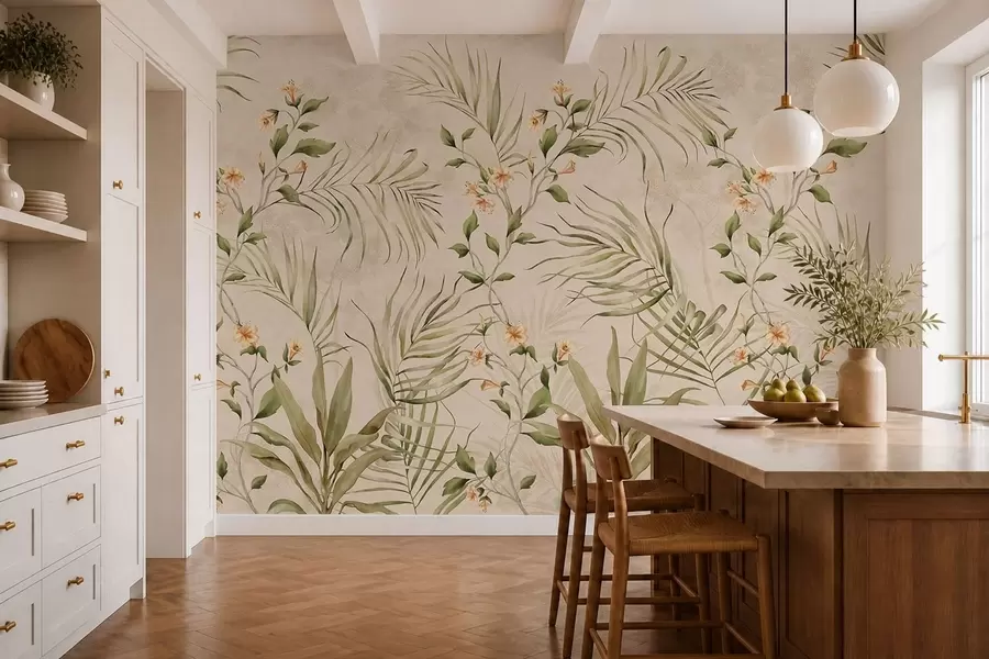 Fototapet Tropiska blad och mjuka blommor på beige bakgrund w05625