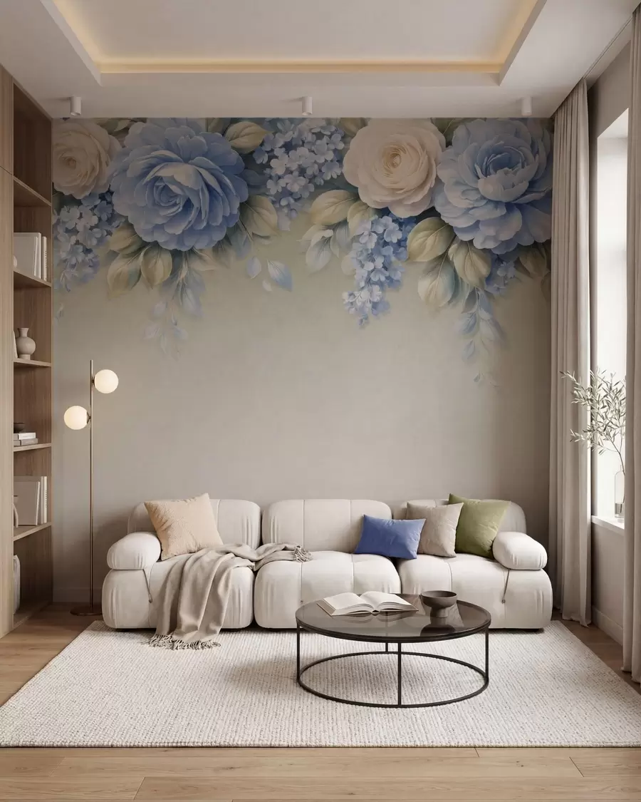 Fototapet Nära rosor och blomklasar i en botanisk komposition inspirerad av porslin, med mjuka, lager på lager av kronblad och eleganta, böljande blad w05495