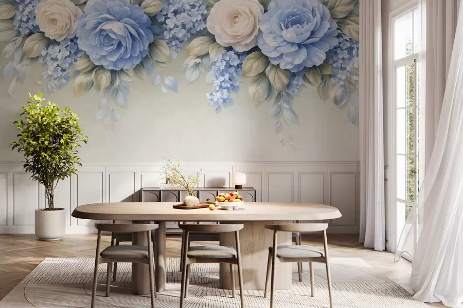Fototapet Nära rosor och blomklasar i en botanisk komposition inspirerad av porslin, med mjuka, lager på lager av kronblad och eleganta, böljande blad w05495