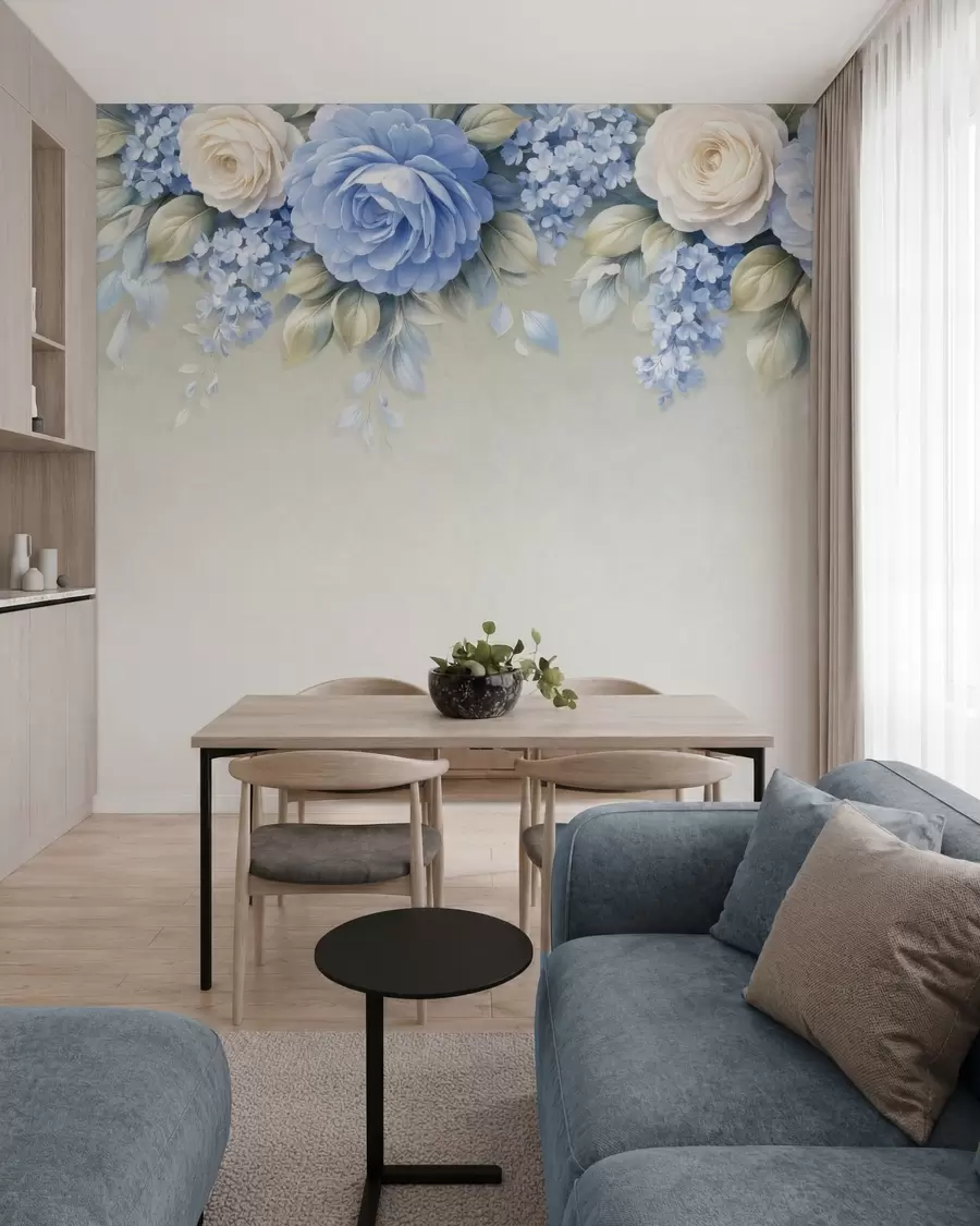 Fototapet Nära rosor och blomklasar i en botanisk komposition inspirerad av porslin, med mjuka, lager på lager av kronblad och eleganta, böljande blad w05495