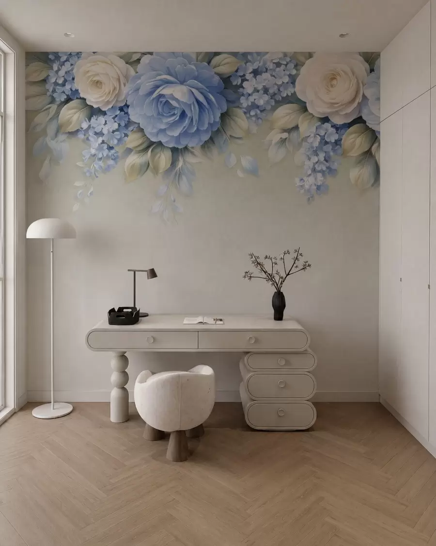 Fototapet Nära rosor och blomklasar i en botanisk komposition inspirerad av porslin, med mjuka, lager på lager av kronblad och eleganta, böljande blad w05495