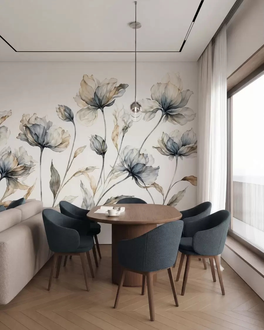 Fototapet Eleganta, luftiga blommor med genomskinliga, lager på lager av kronblad på långa, graciösa stjälkar w05579