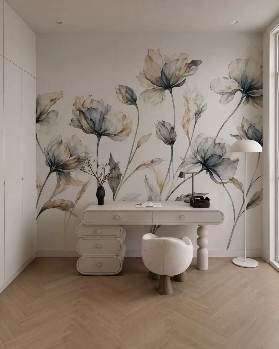 Fototapet Eleganta, luftiga blommor med genomskinliga, lager på lager av kronblad på långa, graciösa stjälkar w05579