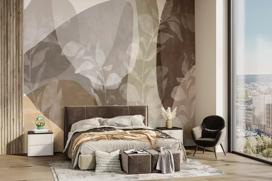 Fototapet Abstrakta former i jordnära nyanser samspelar med genomskinliga botaniska motiv och texturerad konst w09865