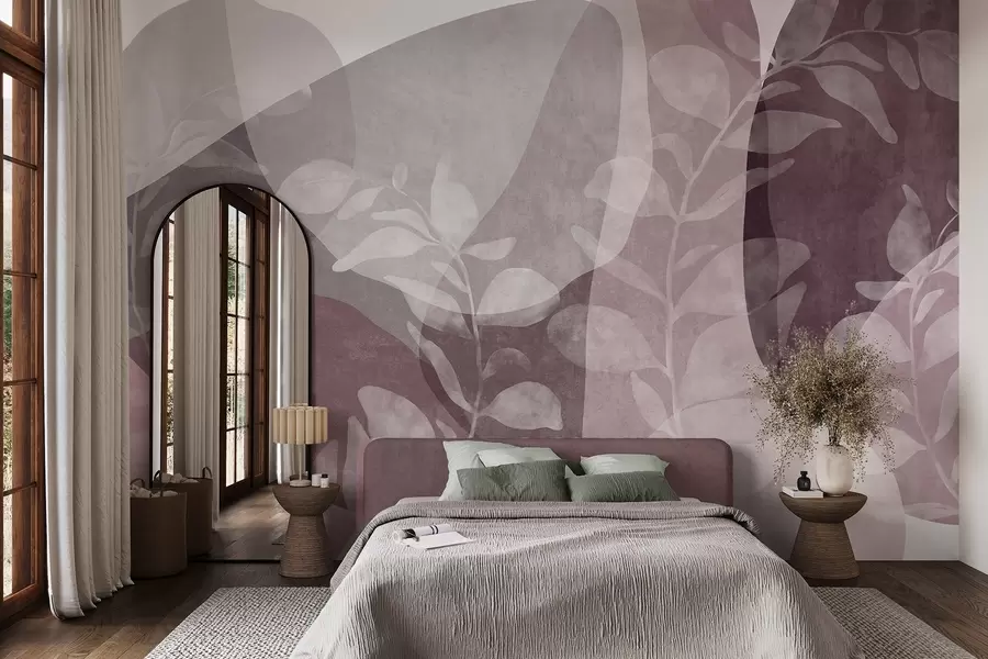 Fototapet Abstrakta former i dämpade färger överlappar varandra med genomskinliga botaniska motiv och texturerad konst w09865v1