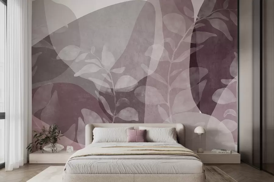 Fototapet Abstrakta former i dämpade färger överlappar varandra med genomskinliga botaniska motiv och texturerad konst w09865v1