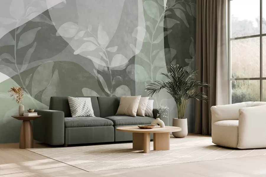 Fototapet Abstrakta former i gröna nyanser överlappar genomskinliga botaniska motiv och texturerad konst w09865v2