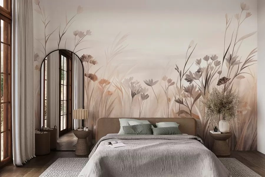 Fototapet Ett fält med vildblommor i dämpade bruna och beige nyanser, med höga gräs och sköra blommor w09872