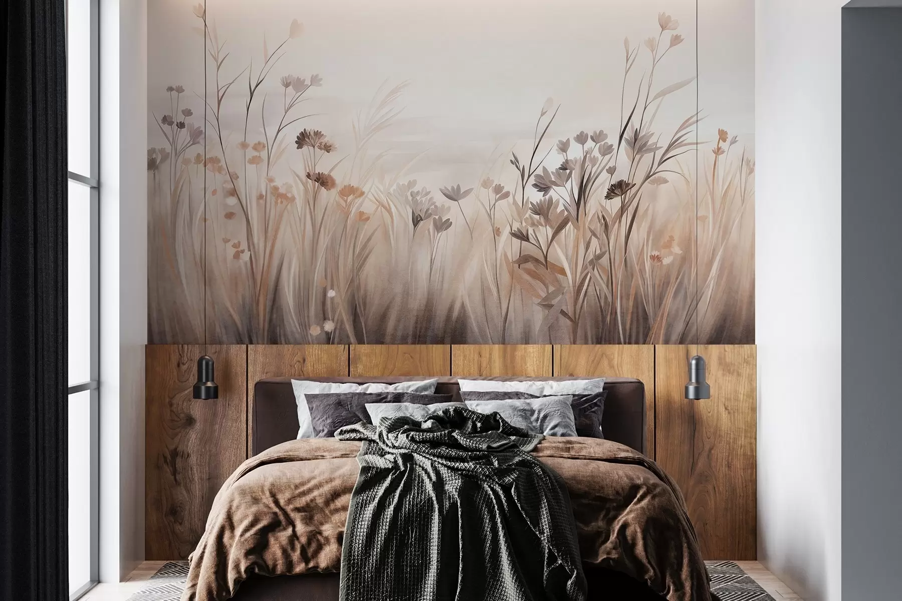 Fototapet Ett fält med vildblommor i dämpade bruna och beige nyanser, med höga gräs och sköra blommor w09872