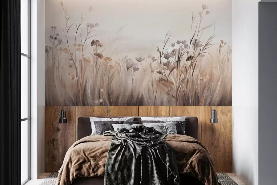 Fototapet Ett fält med vildblommor i dämpade bruna och beige nyanser, med höga gräs och sköra blommor w09872
