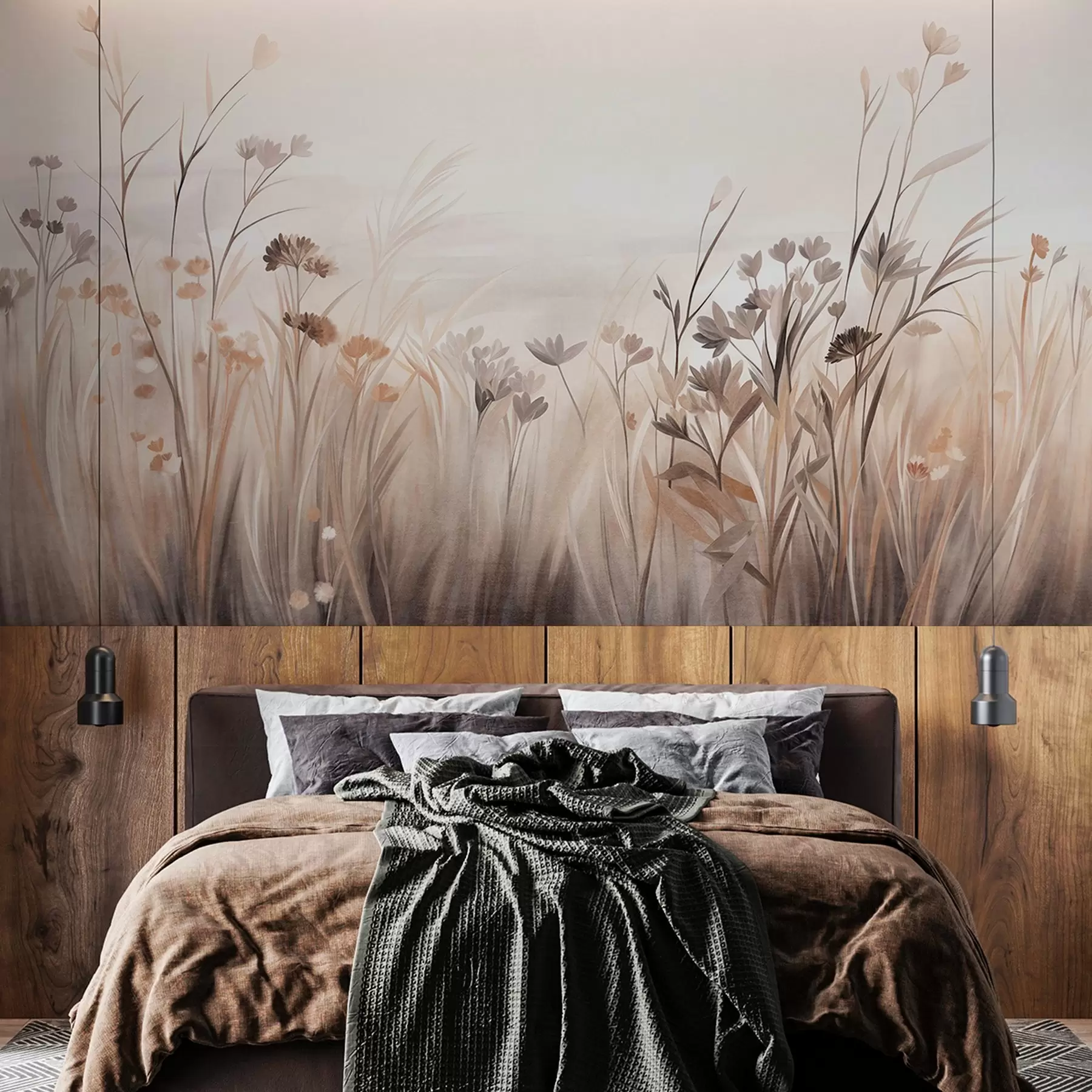 Fototapet Ett fält med vildblommor i dämpade bruna och beige nyanser, med höga gräs och sköra blommor w09872