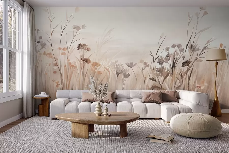 Fototapet Ett fält med vildblommor i dämpade bruna och beige nyanser, med höga gräs och sköra blommor w09872