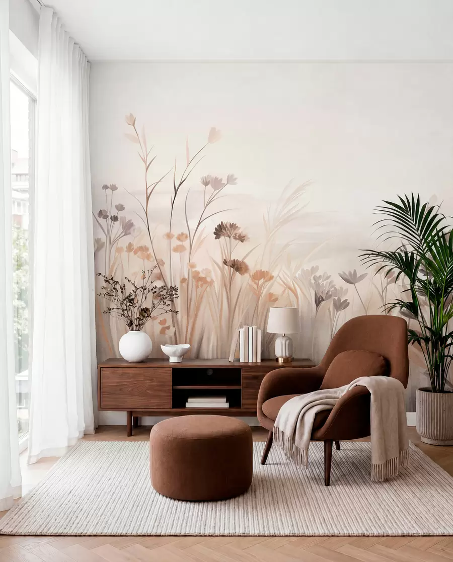 Fototapet Ett fält med vildblommor i dämpade bruna och beige nyanser, med höga gräs och sköra blommor w09872
