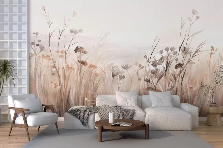 Fototapet Ett fält med vildblommor i dämpade bruna och beige nyanser, med höga gräs och sköra blommor w09872