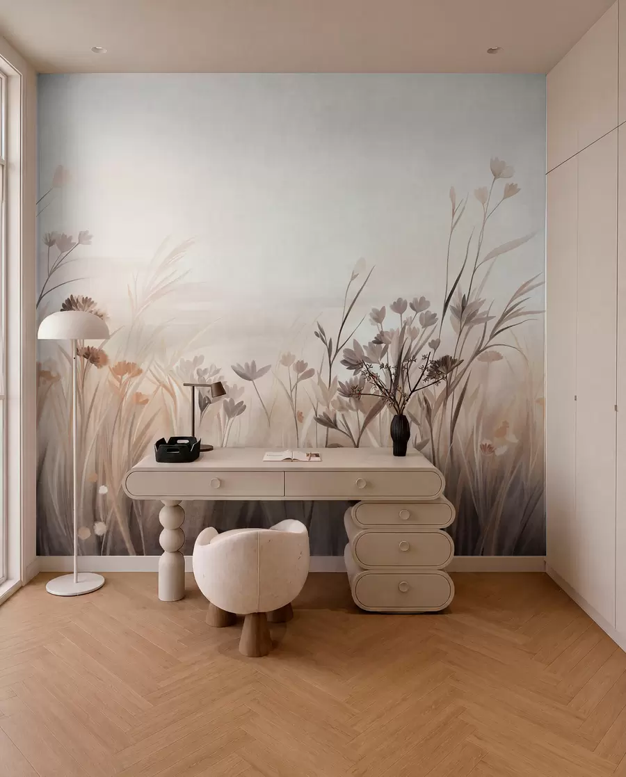 Fototapet Ett fält med vildblommor i dämpade bruna och beige nyanser, med höga gräs och sköra blommor w09872