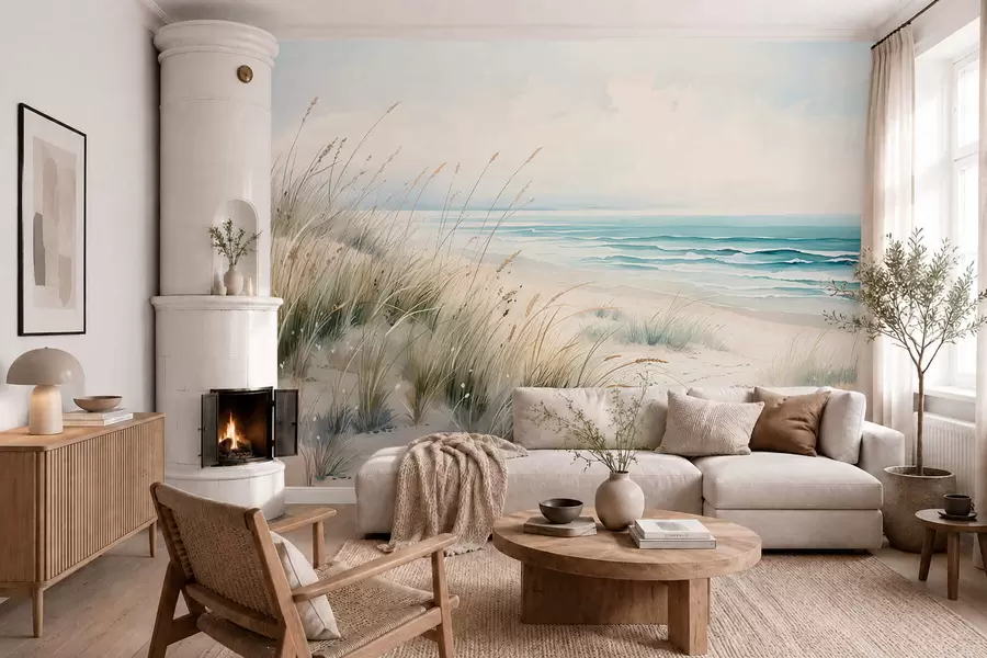 Fototapet Sandstrand med vågor och sanddyner w05537