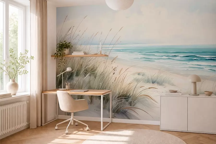 Fototapet Sandstrand med vågor och sanddyner w05537