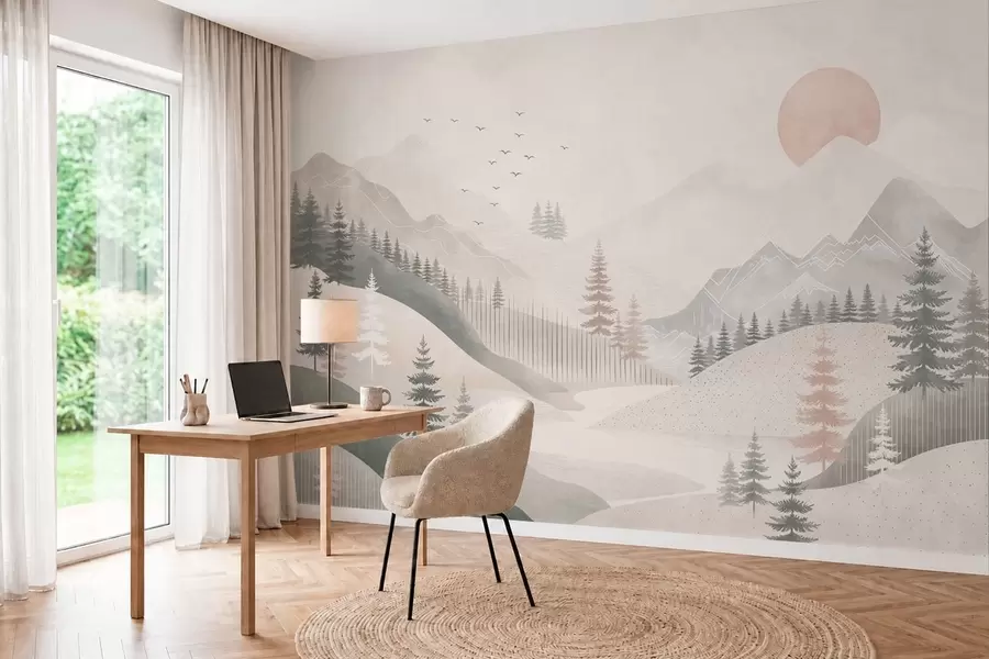 Fototapet Ett avskalat bergslandskap med tallar w05626