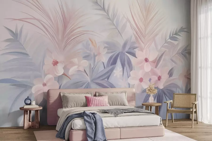 Fototapet Tropiska blommor och palmblad i dämpade blå och rosa nyanser, målad stil w09832