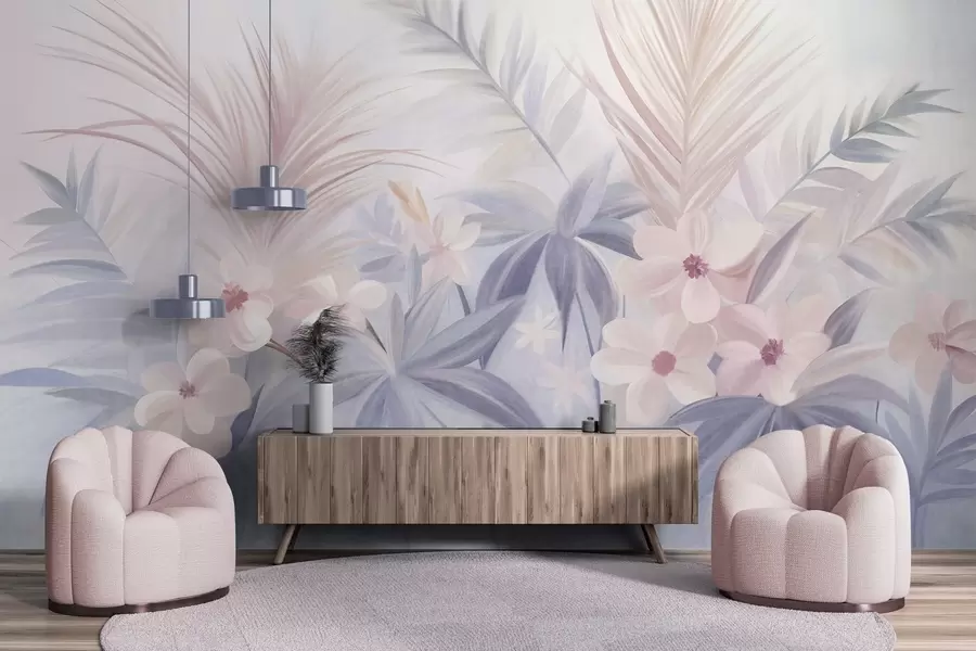 Fototapet Tropiska blommor och palmblad i dämpade blå och rosa nyanser, målad stil w09832