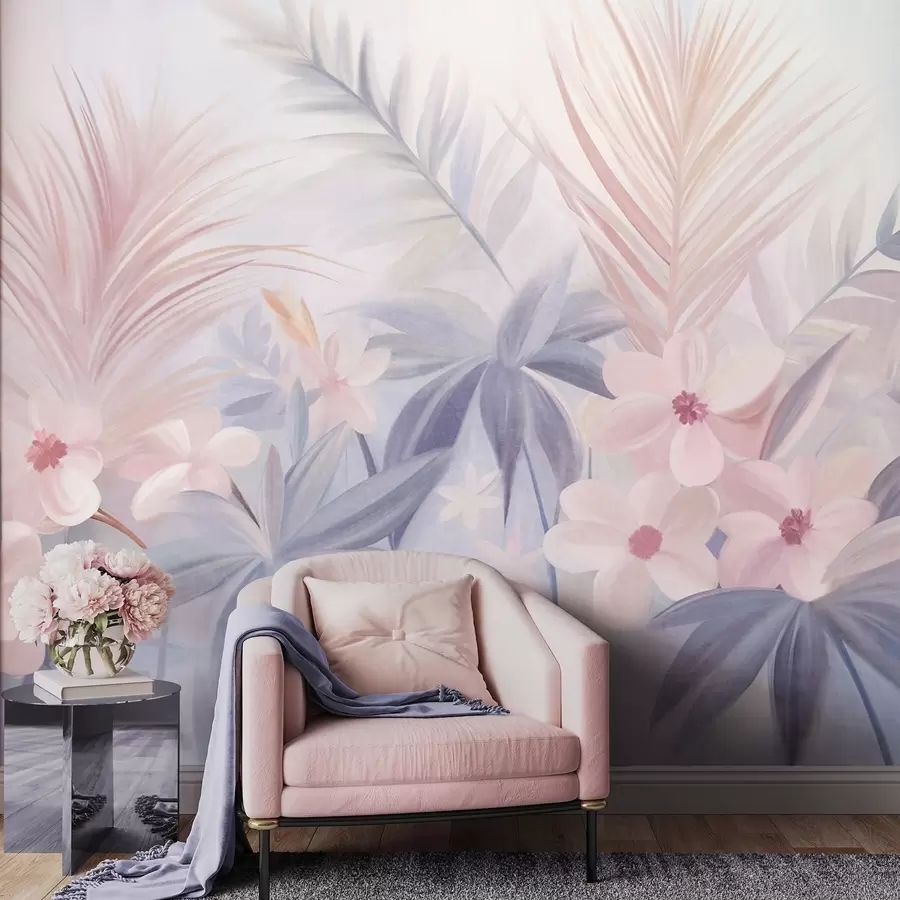 Fototapet Tropiska blommor och palmblad i dämpade blå och rosa nyanser, målad stil w09832
