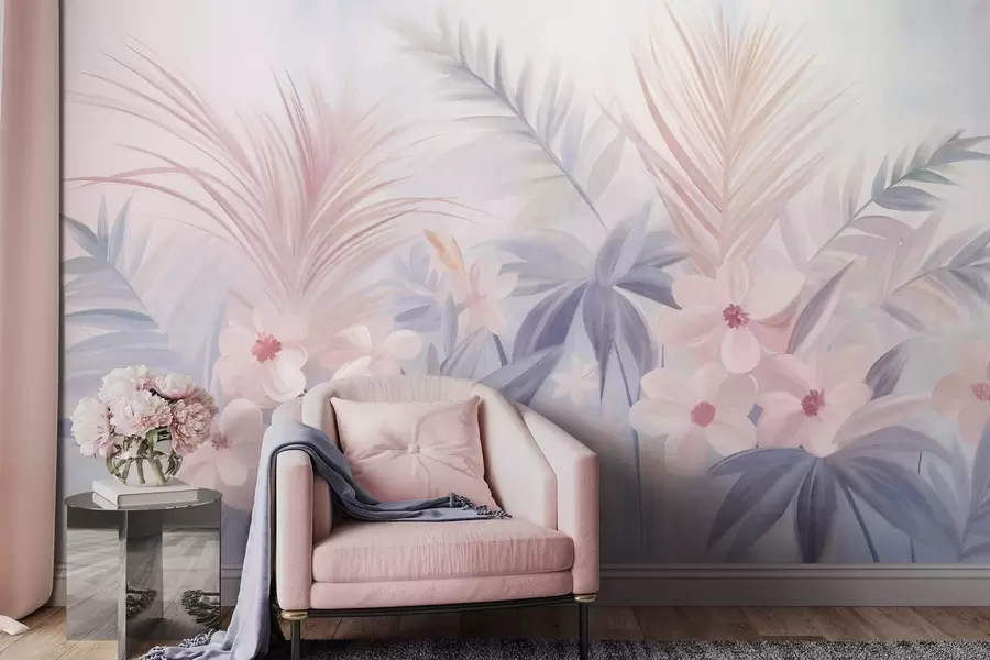 Fototapet Tropiska blommor och palmblad i dämpade blå och rosa nyanser, målad stil w09832