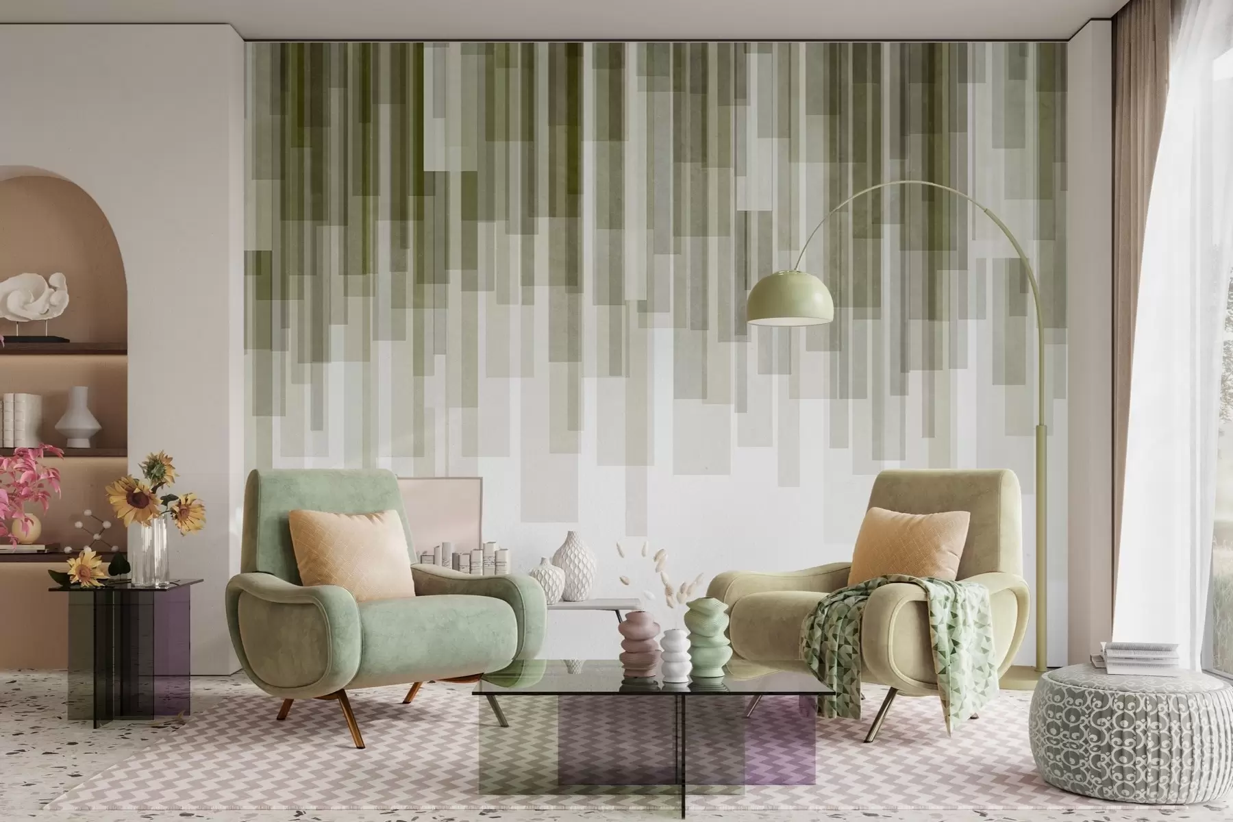 Fototapet Strukturerade vertikala rektanglar med varierande genomskinlighet och olika gröna nyanser, abstrakt konst w09889