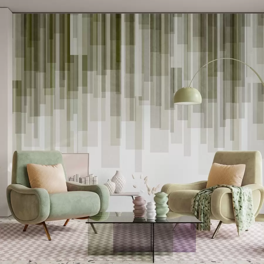 Fototapet Strukturerade vertikala rektanglar med varierande genomskinlighet och olika gröna nyanser, abstrakt konst w09889