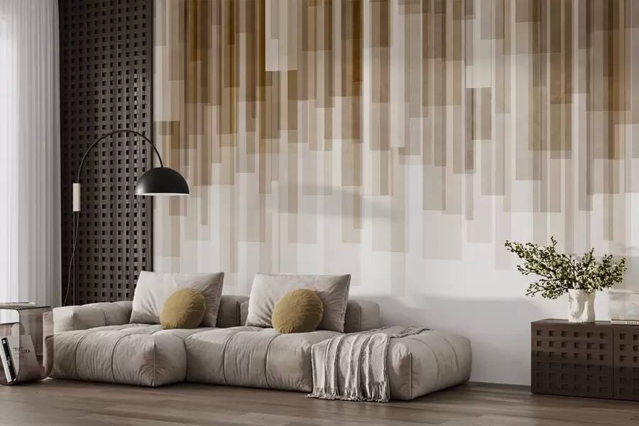 Fototapet Strukturerade vertikala rektanglar i olika transparensgrader och bruna nyanser, abstrakt konst w09889v1