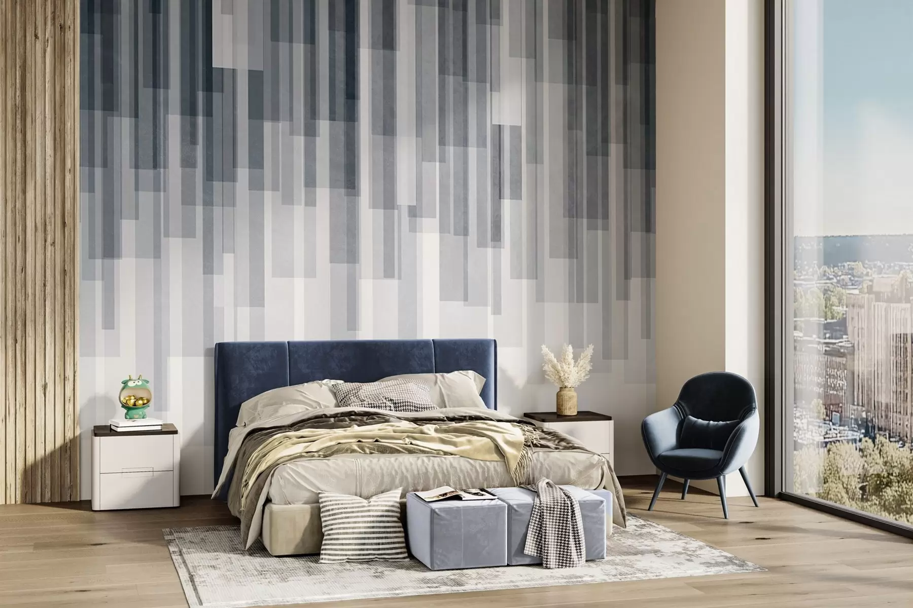Fototapet Strukturerade vertikala rektanglar med varierande genomskinlighet och olika blå nyanser, abstrakt konst w09889v2