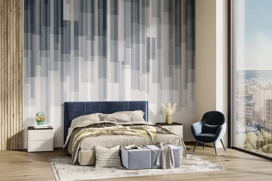 Fototapet Strukturerade vertikala rektanglar med varierande genomskinlighet och olika blå nyanser, abstrakt konst w09889v2