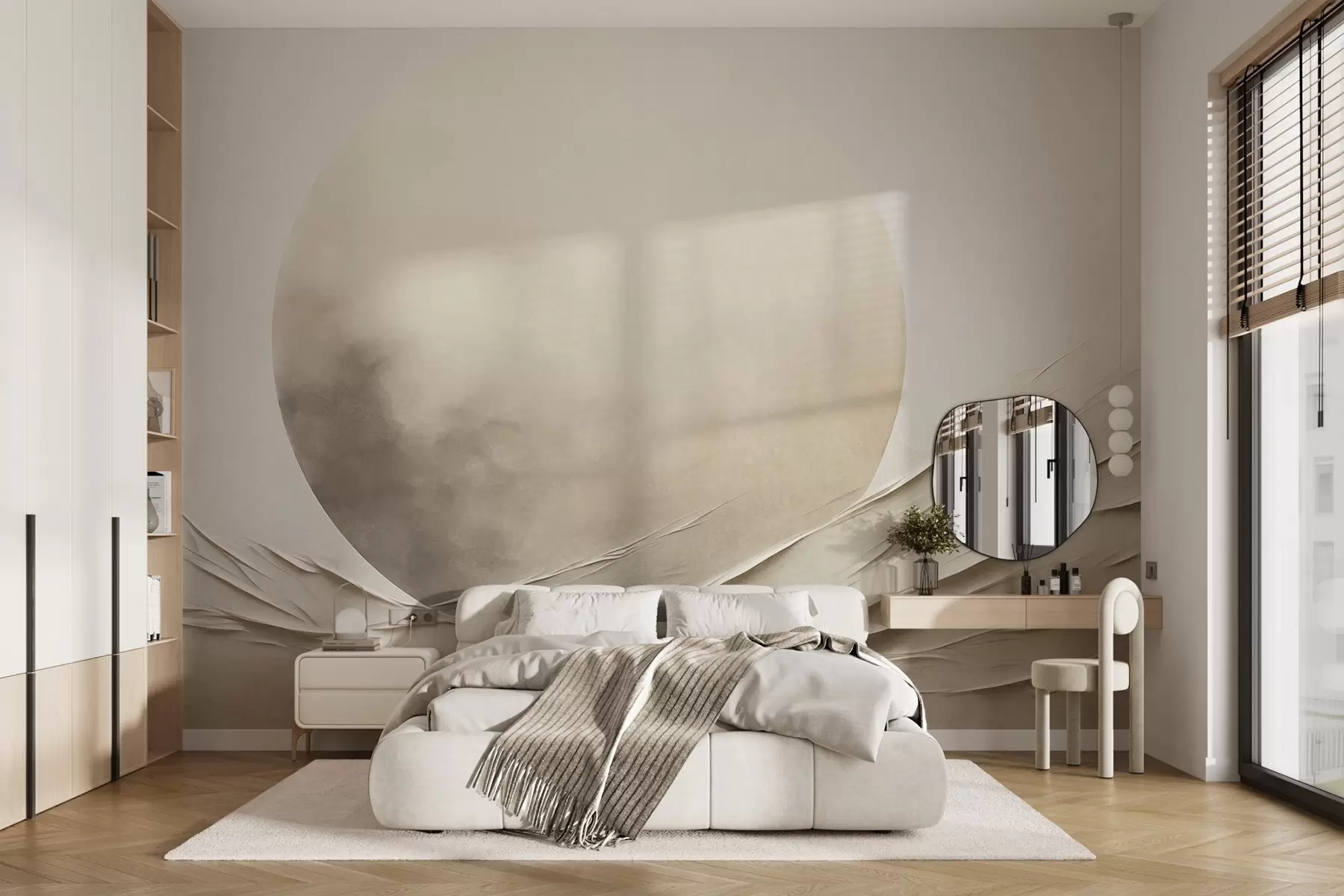 Fototapet Abstrakta, böljande, krämfärgade former med en stor, ljus sfär – minimalistisk modern konst w09895
