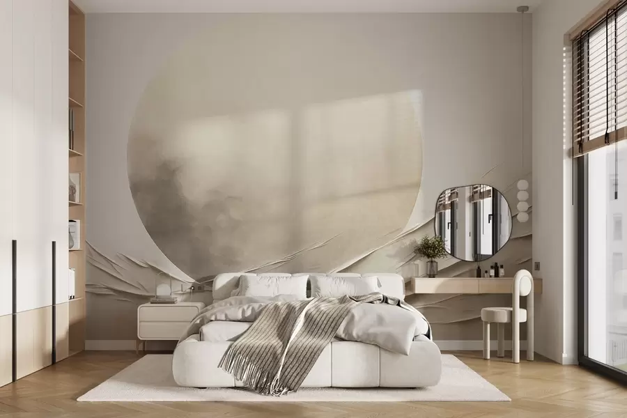 Fototapet Abstrakta, böljande, krämfärgade former med en stor, ljus sfär – minimalistisk modern konst w09895