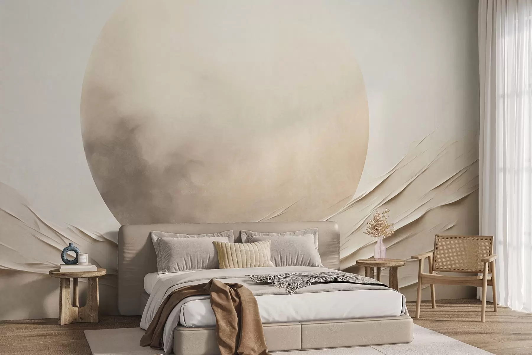 Fototapet Abstrakta, böljande, krämfärgade former med en stor, ljus sfär – minimalistisk modern konst w09895
