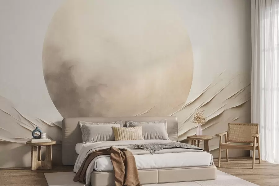 Fototapet Abstrakta, böljande, krämfärgade former med en stor, ljus sfär – minimalistisk modern konst w09895