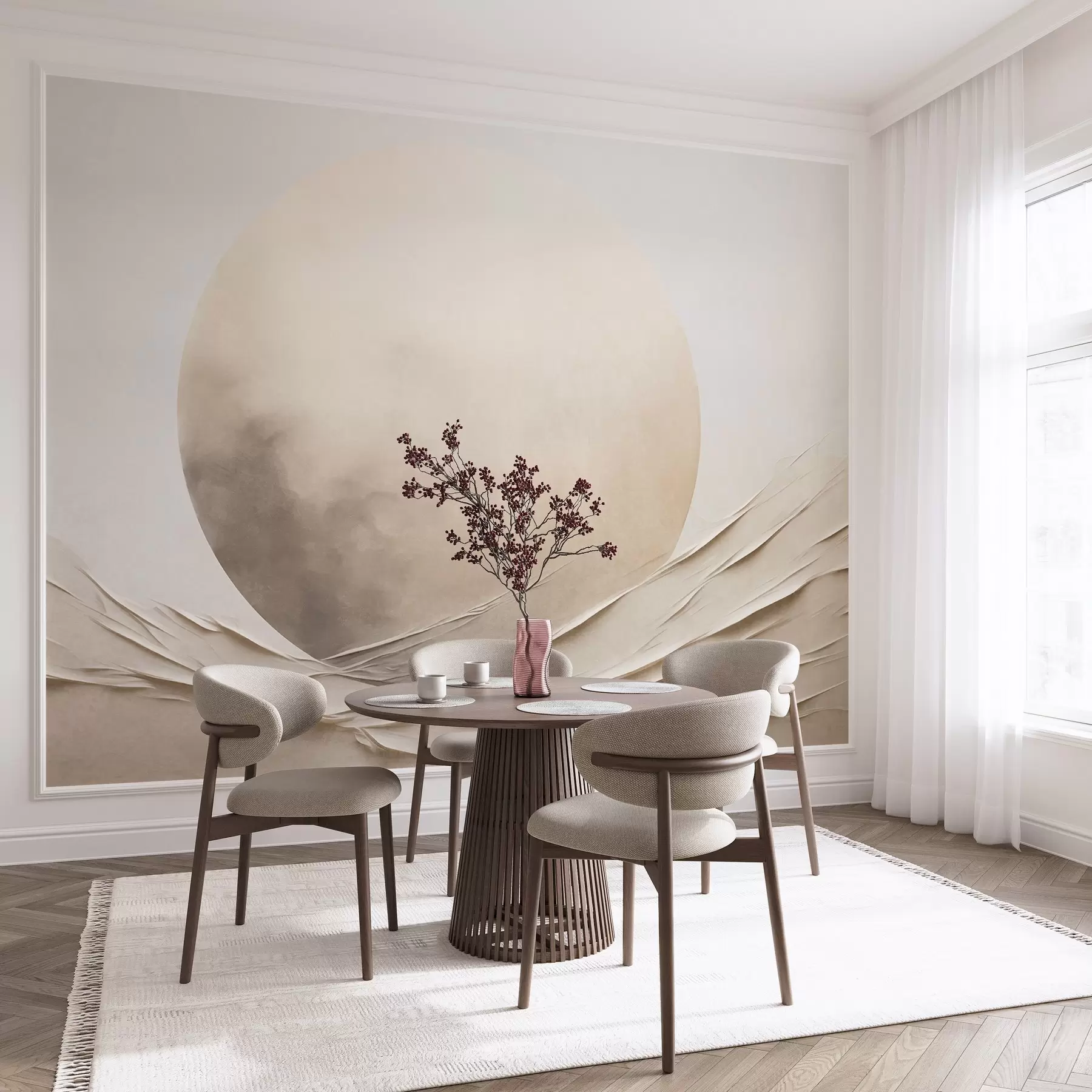 Fototapet Abstrakta, böljande, krämfärgade former med en stor, ljus sfär – minimalistisk modern konst w09895