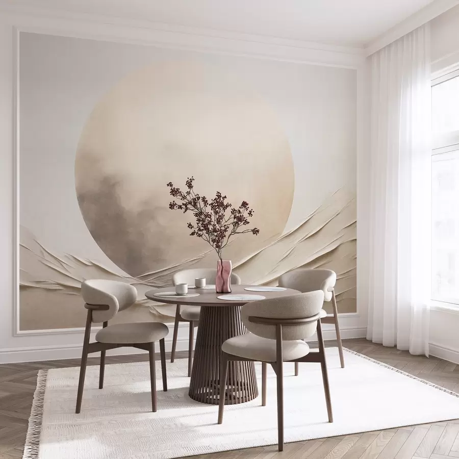 Fototapet Abstrakta, böljande, krämfärgade former med en stor, ljus sfär – minimalistisk modern konst w09895