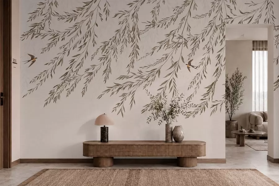 Fototapet Beige grenar och svalor mot ljus bakgrund w05630v1