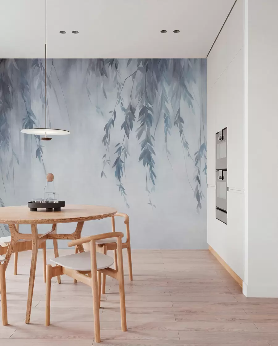 Fototapet Pilgrenar med ljusblå blad som hänger ned mot en dämpad bakgrund i akvarellstil w09893v2