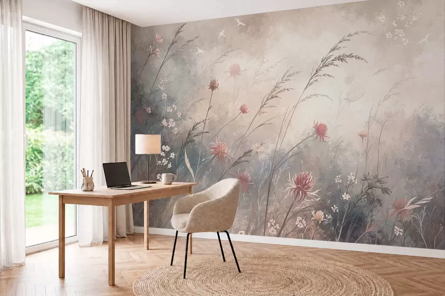 Fototapet Pastellfärgade vildblommor mot en mjukt suddig bakgrund w05538v1