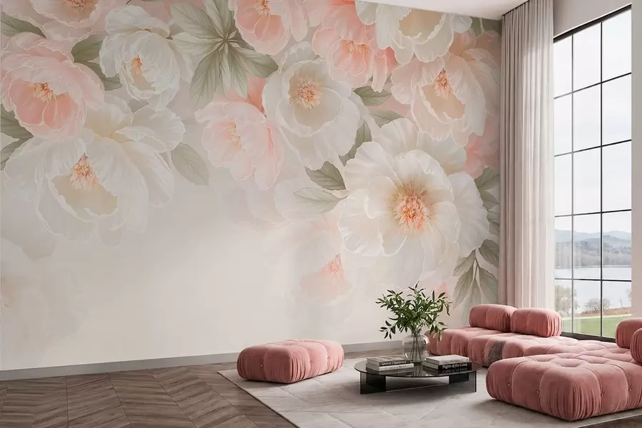 Fototapet Stora, näpna blommor i rosa och krämfärgade nyanser w05540