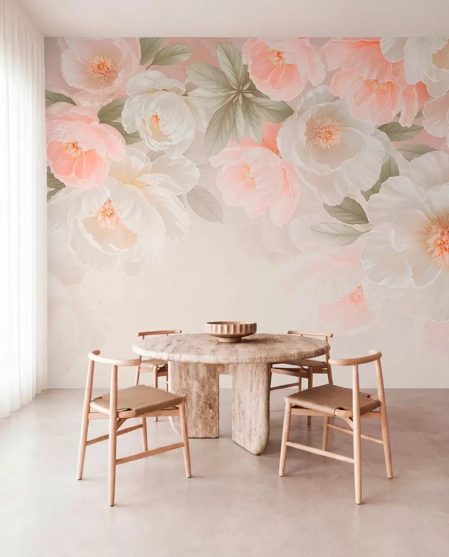 Fototapet Stora, näpna blommor i rosa och krämfärgade nyanser w05540