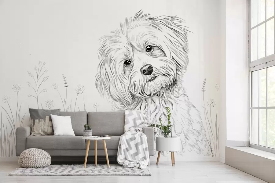 Fototapet En söt teckning av en hund i gräset w05656