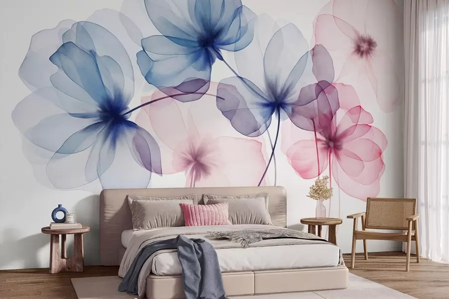 Fototapet Genomskinliga, strukturerade blå och rosa blommor på ljus bakgrund, med ömtåliga kronblad som överlappar varandra w09892
